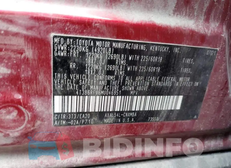 4T3B6RFV6MU046951 Photo# 12