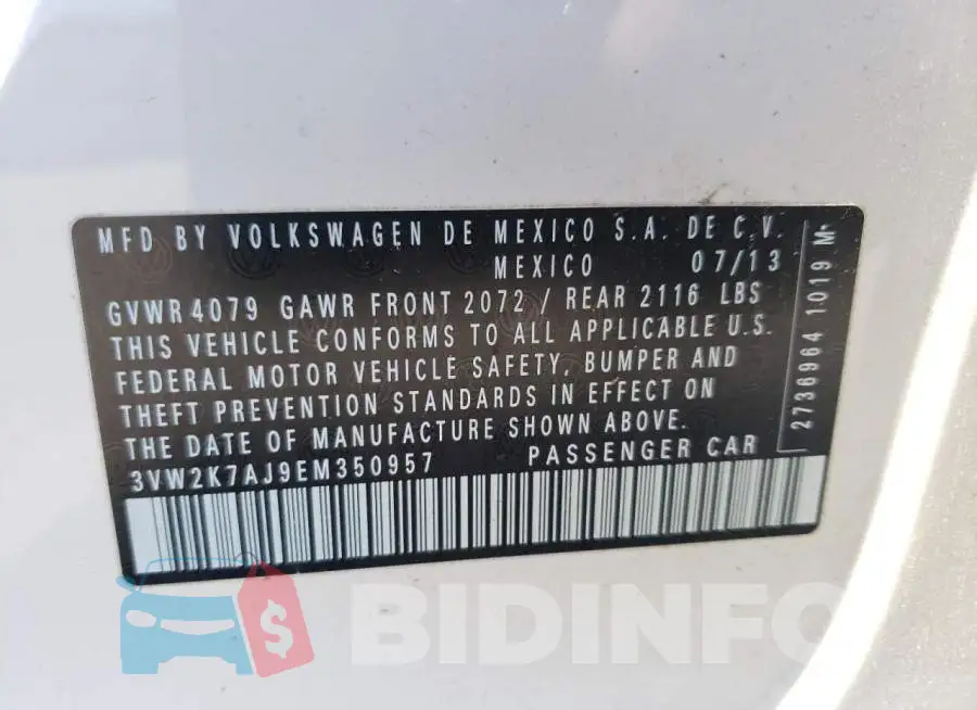 3VW2K7AJ9EM350957 Photo# 12