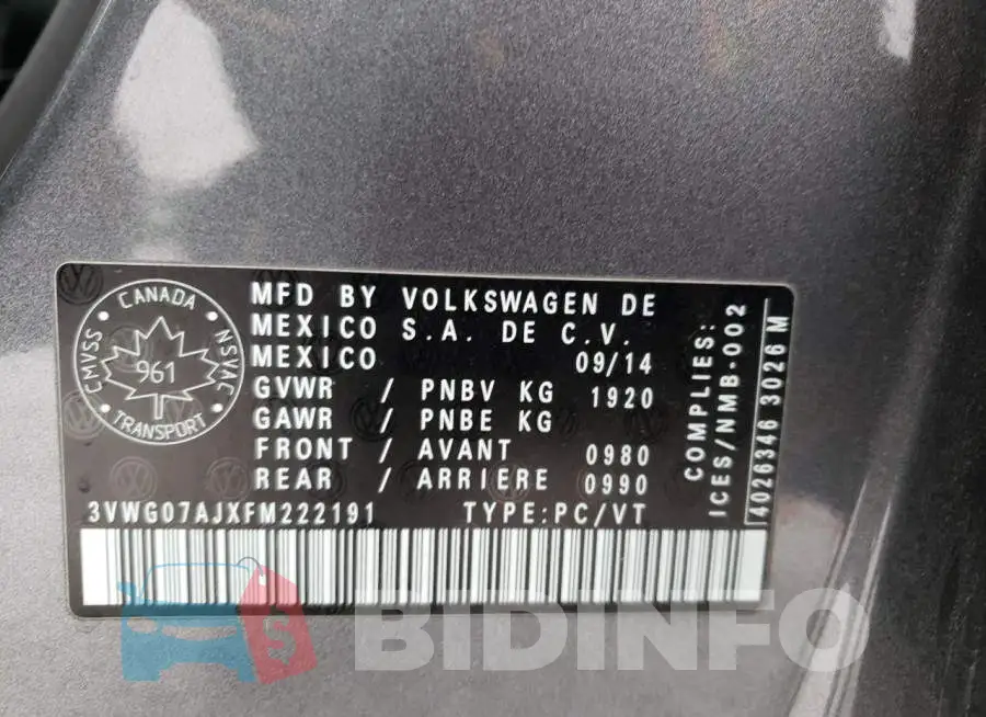 3VWG07AJXFM222191 Photo# 12