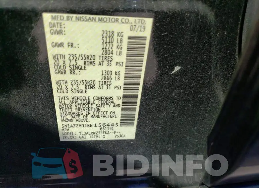 5N1AZ2MJ1KN156445 Photo# 13