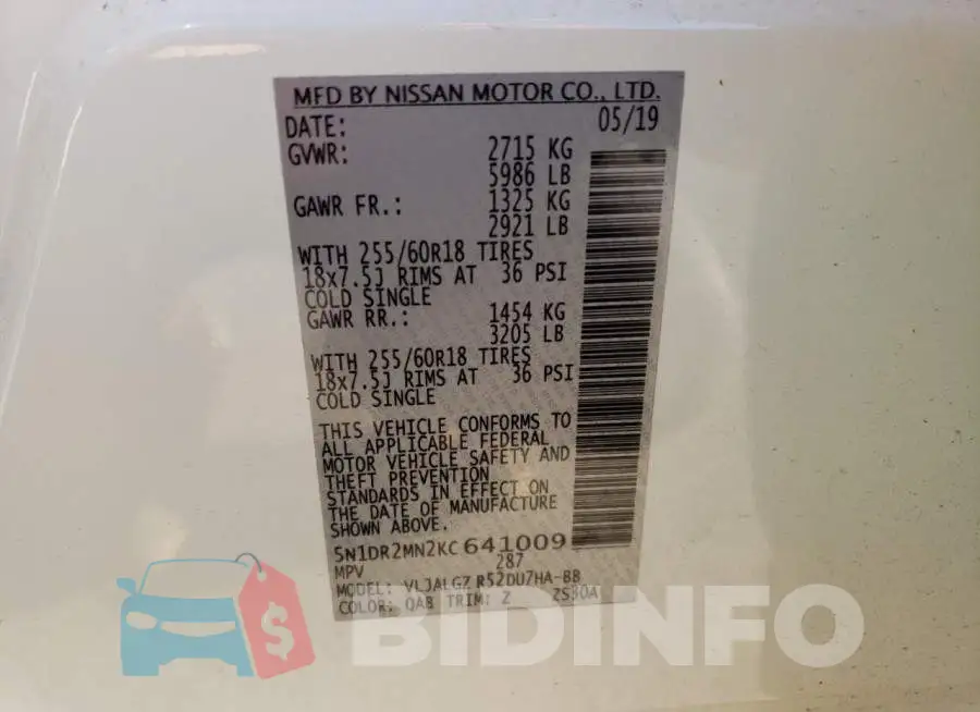 5N1DR2MN2KC641009 Photo# 13