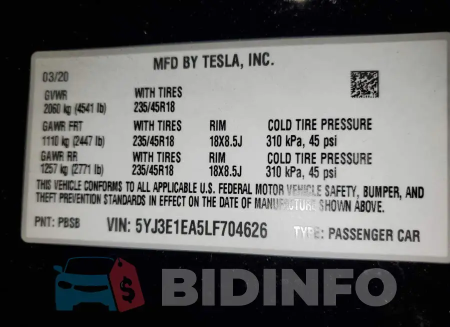 5YJ3E1EA5LF704626 Photo# 12