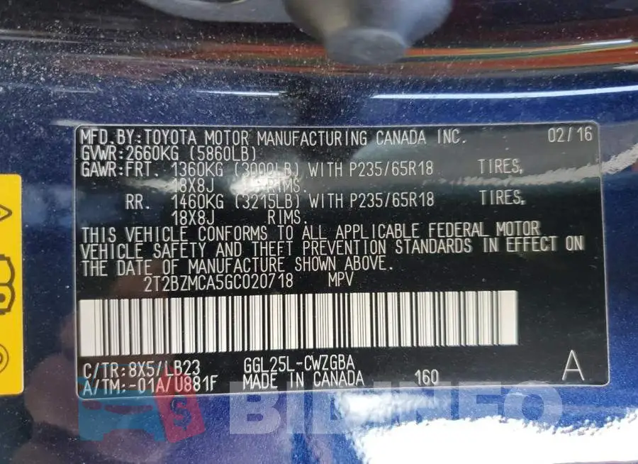 2T2BZMCA5GC020718 Photo# 13