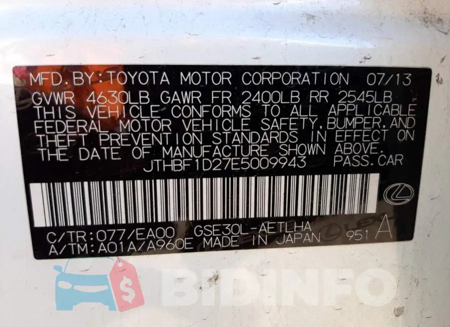 JTHBF1D27E5009943 Photo# 10