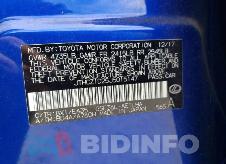 JTHCZ1D25J5015147 Photo# 10