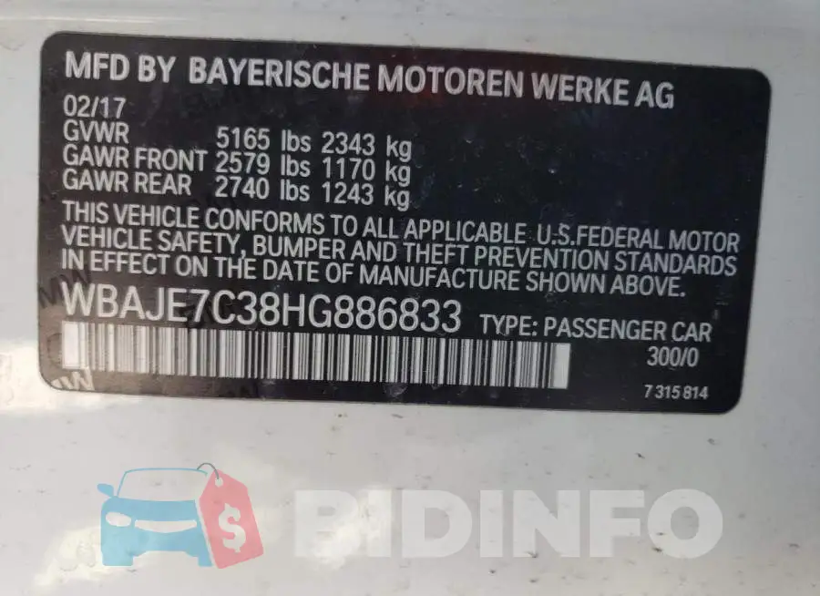 WBAJE7C38HG886833 Photo# 12