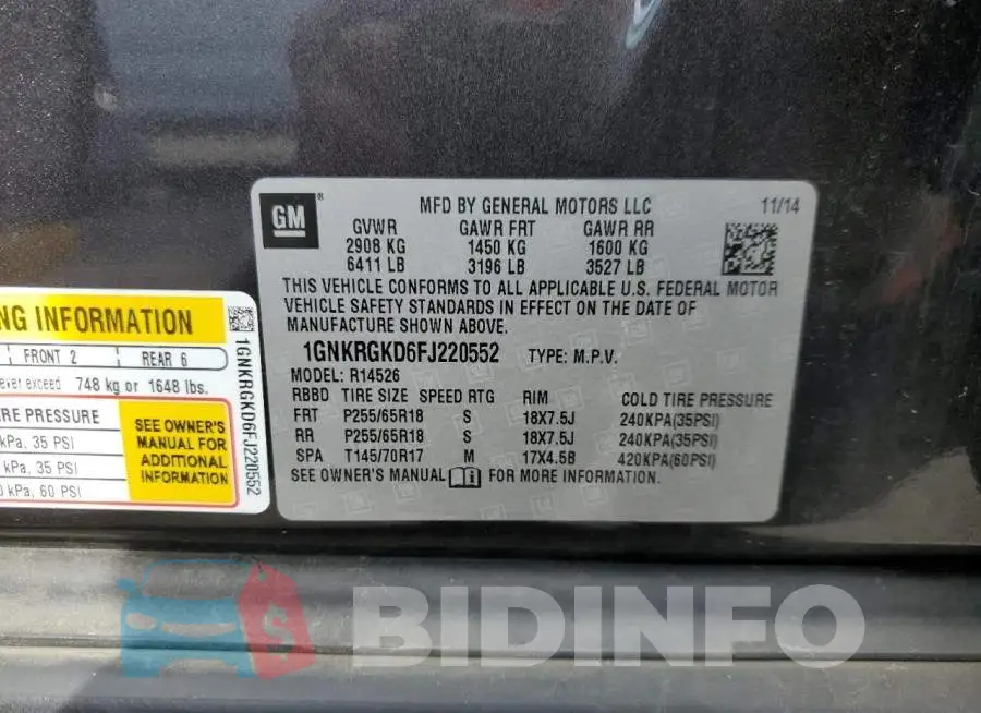 1GNKRGKD6FJ220552 Photo# 14