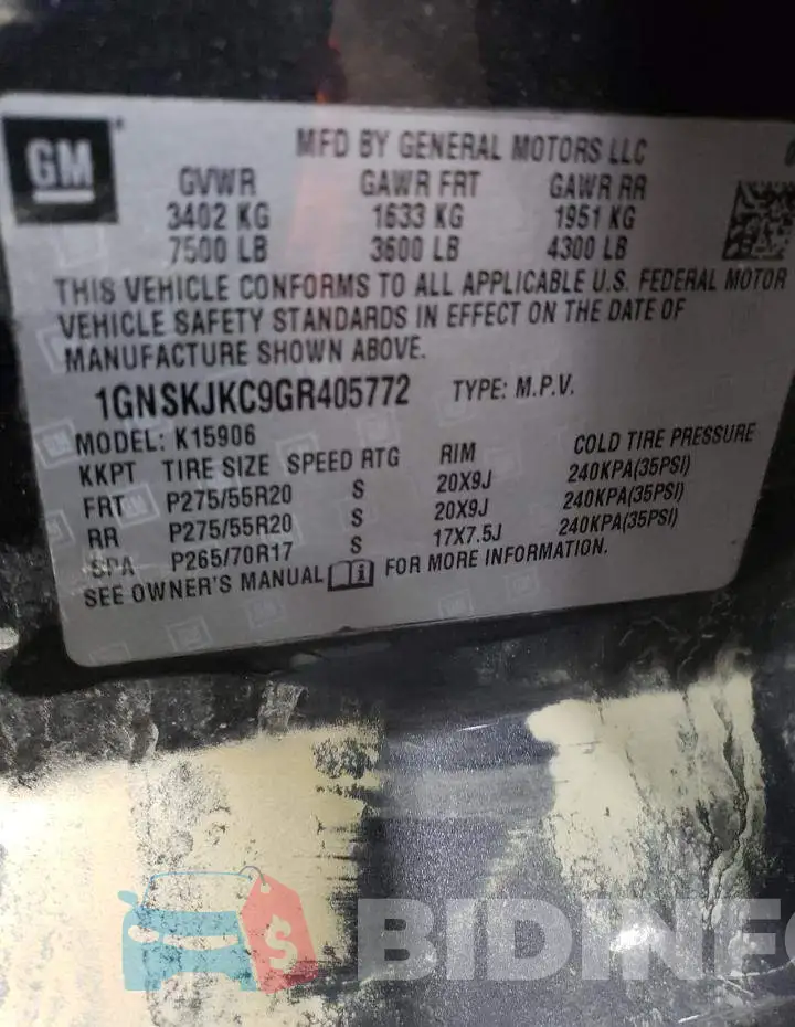 1GNSKJKC9GR405772 Photo# 13