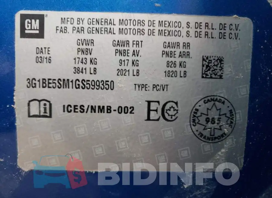 3G1BE5SM1GS599350 Photo# 10