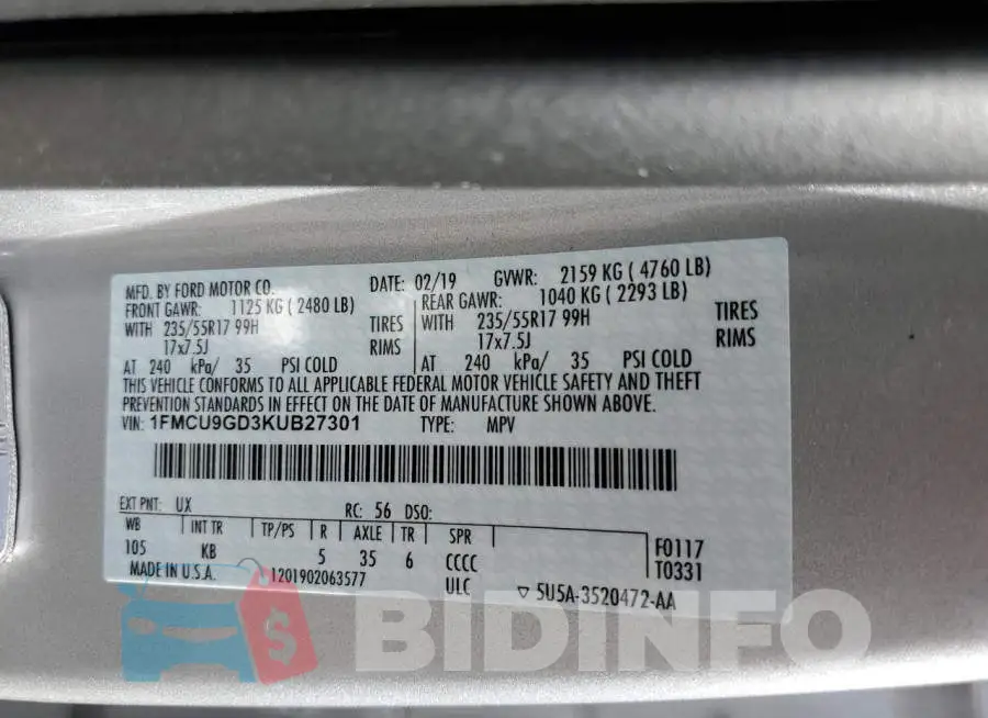 1FMCU9GD3KUB27301 Photo# 10