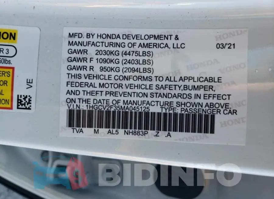 1HGCV2F35MA045125 Photo# 10