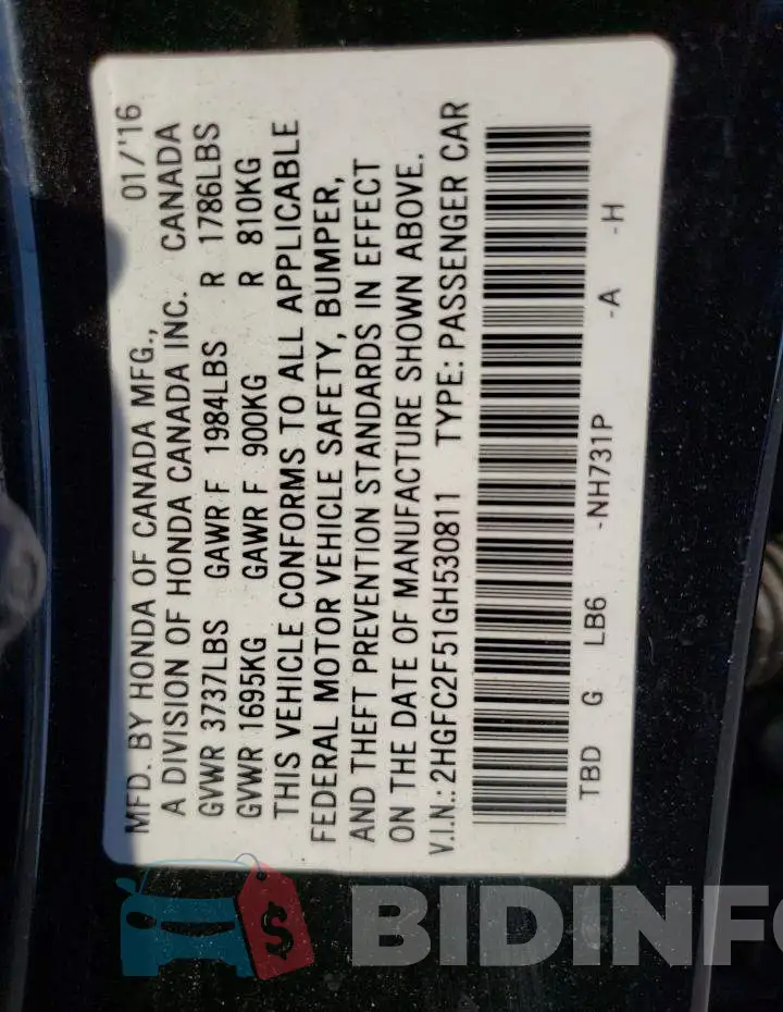 2HGFC2F51GH530811 Photo# 12