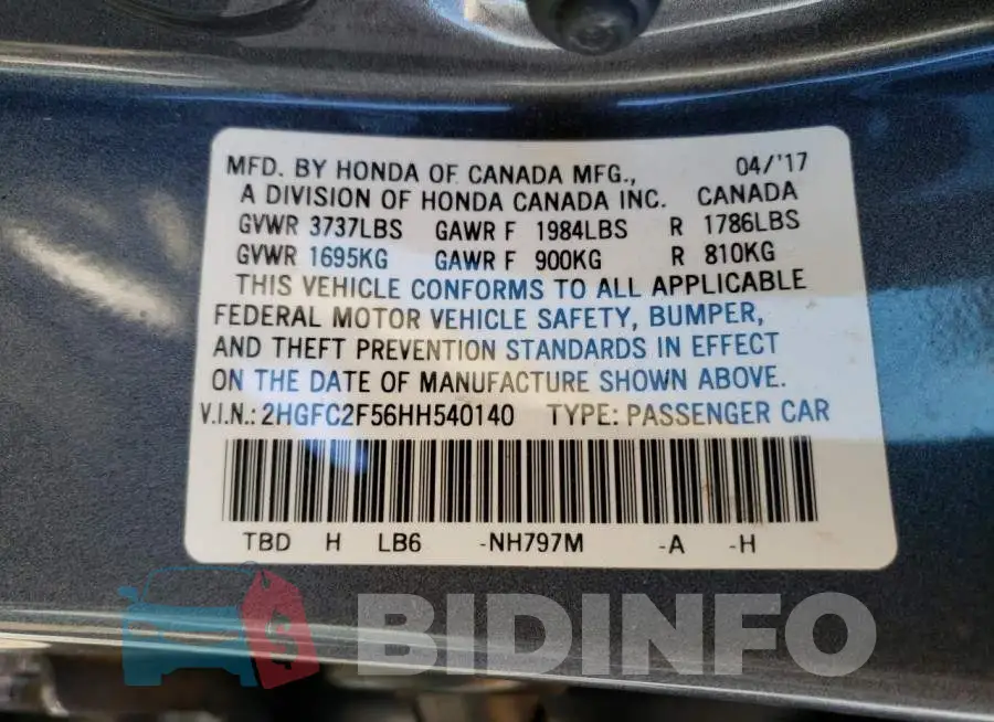 2HGFC2F56HH540140 Photo# 12