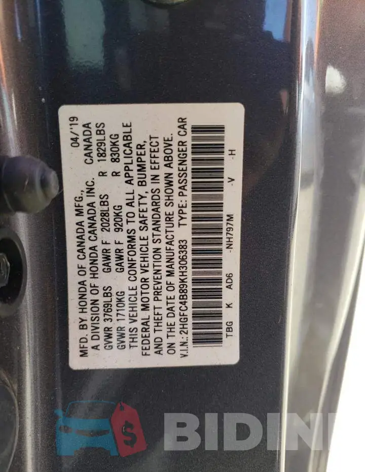2HGFC4B89KH306383 Photo# 12