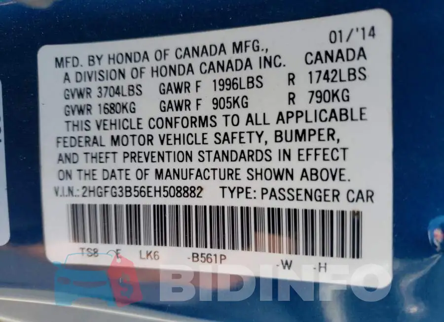 2HGFG3B56EH508882 Photo# 12