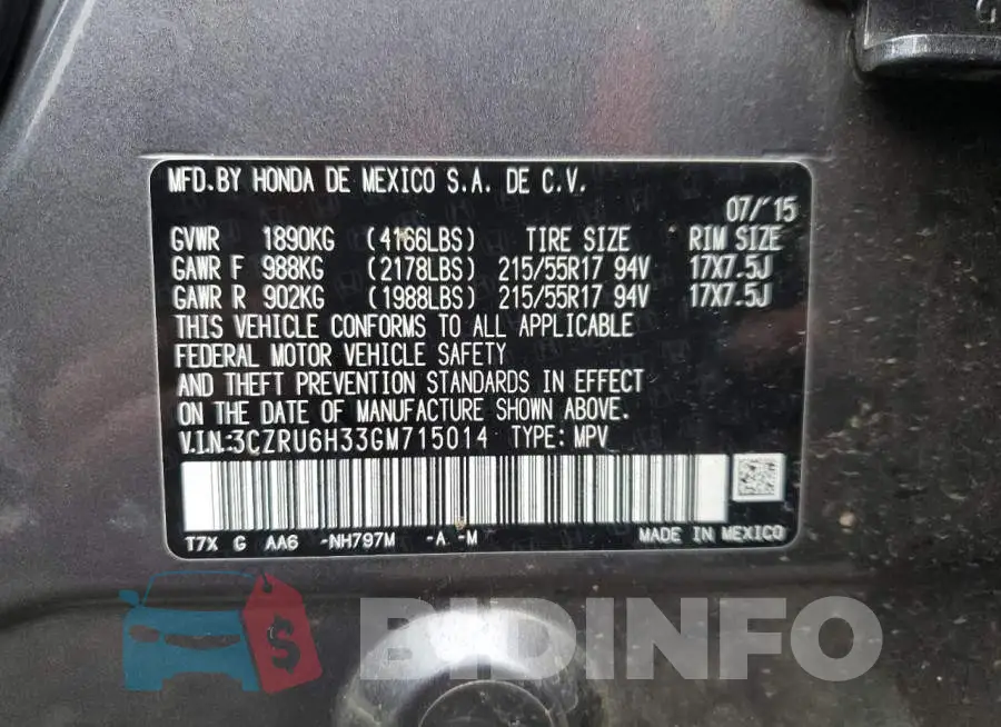 3CZRU6H33GM715014 Photo# 13