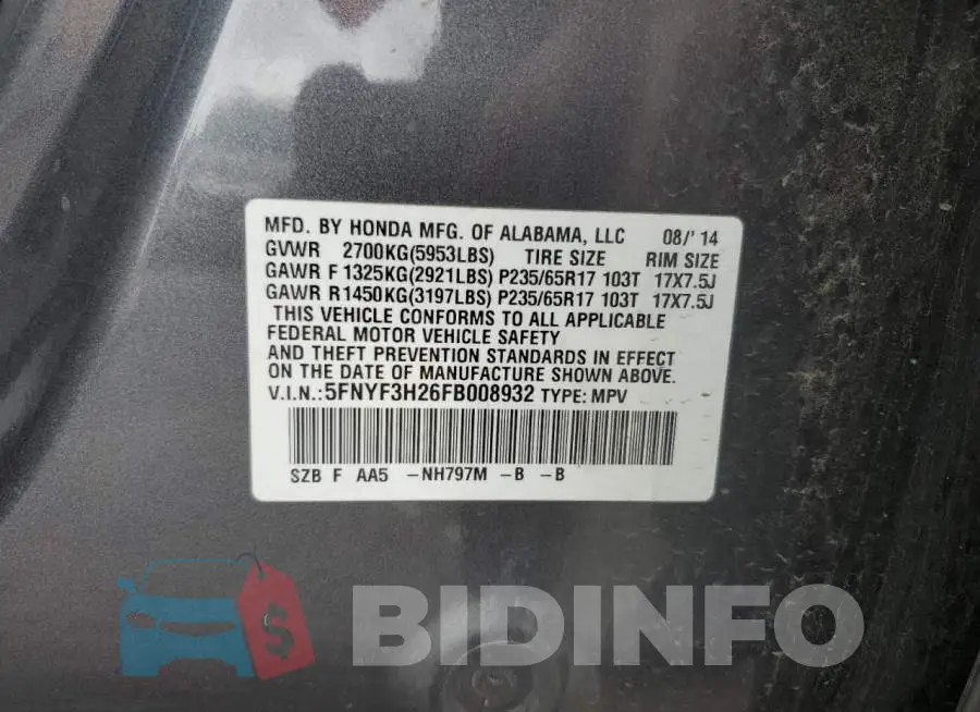 5FNYF3H26FB008932 Photo# 14