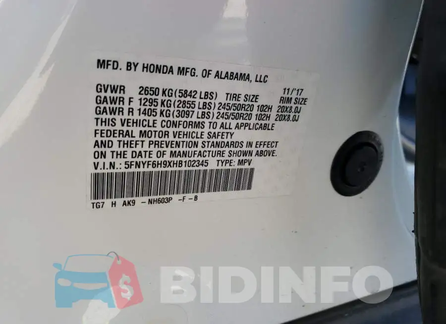 5FNYF6H9XHB102345 Photo# 13
