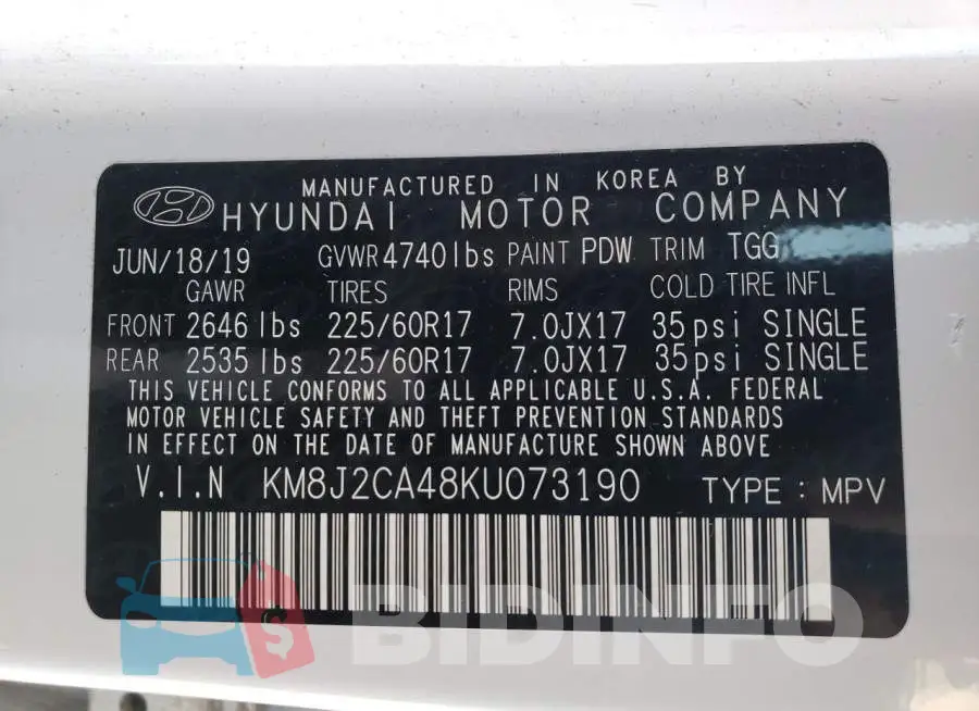 KM8J2CA48KU073190 Photo# 13