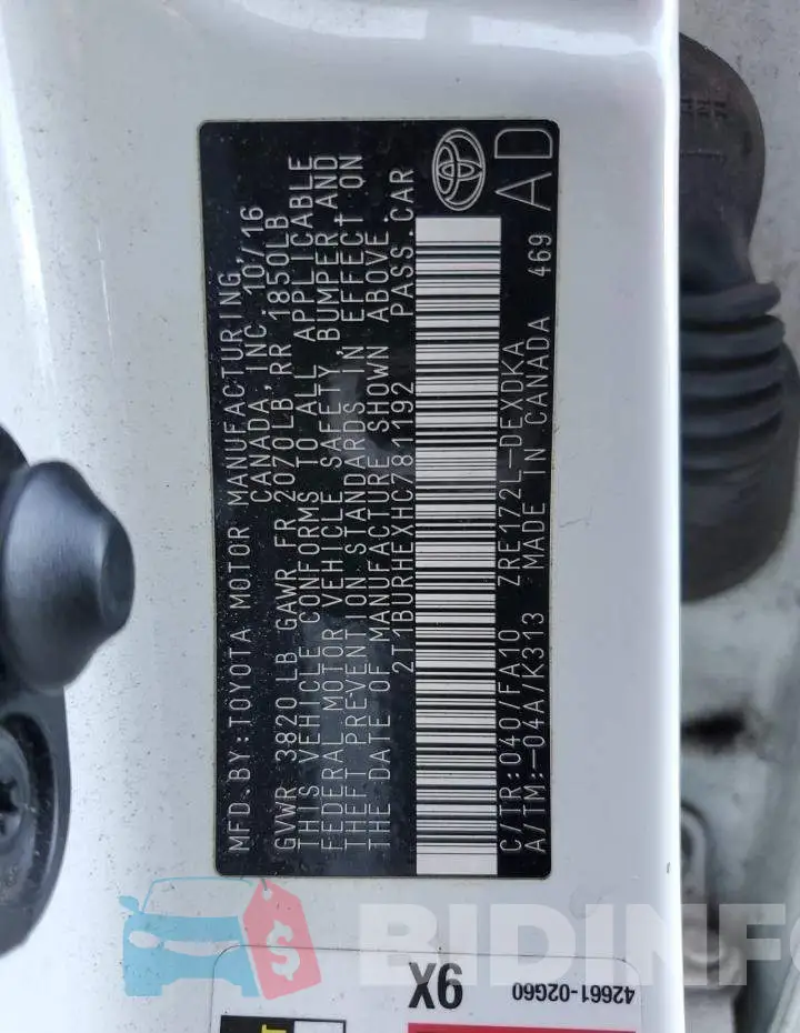 2T1BURHEXHC781192 Photo# 13