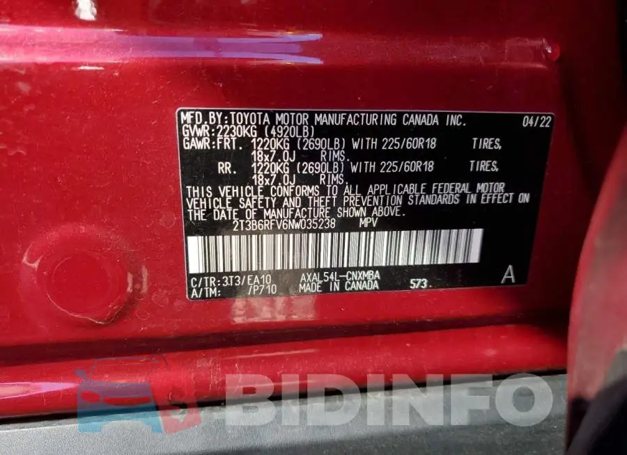 2T3B6RFV6NW035238 Photo# 13