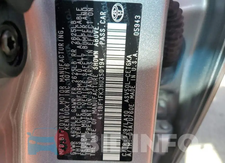 4T1BF1FK3HU350194 Photo# 12