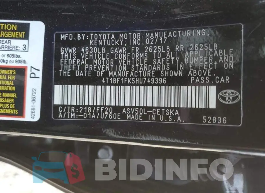 4T1BF1FK5HU749396 Photo# 12
