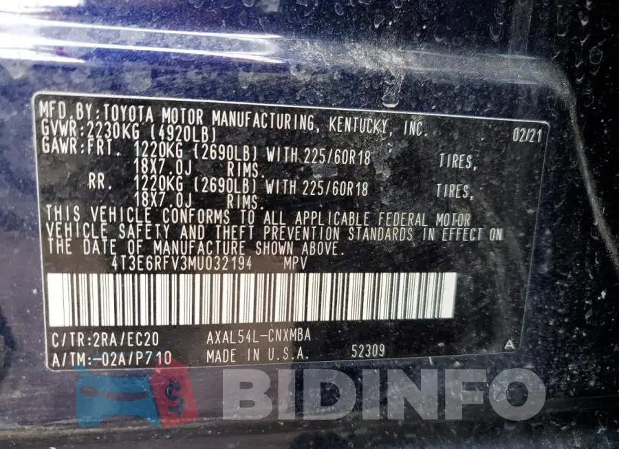 4T3E6RFV3MU032194 Photo# 13