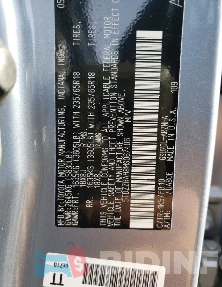5TDZZRAH8MS067406 Photo# 12
