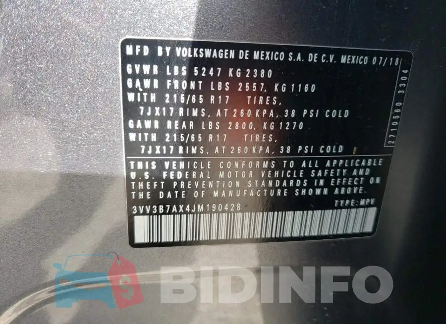 3VV3B7AX4JM190428 Photo# 13
