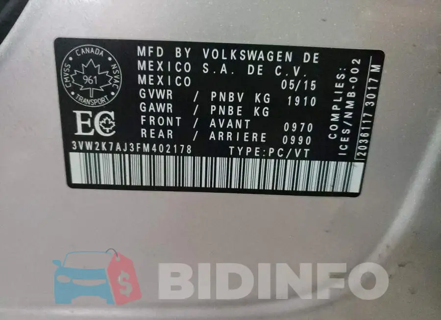 3VW2K7AJ3FM402178 Photo# 12