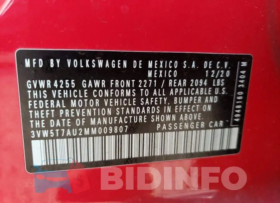 3VW5T7AU2MM009807 Photo# 12