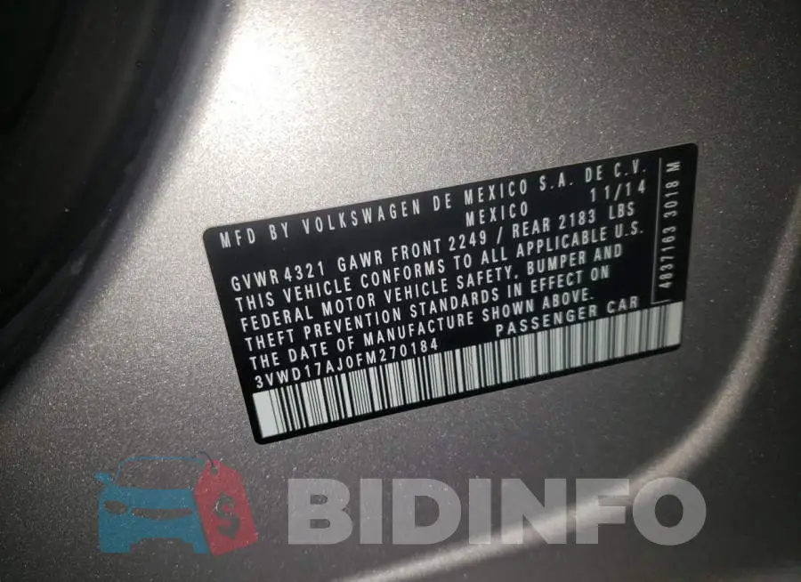 3VWD17AJ0FM270184 Photo# 12