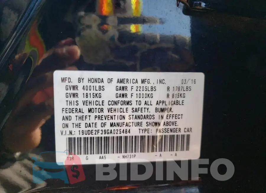 19UDE2F39GA025484 Photo# 12