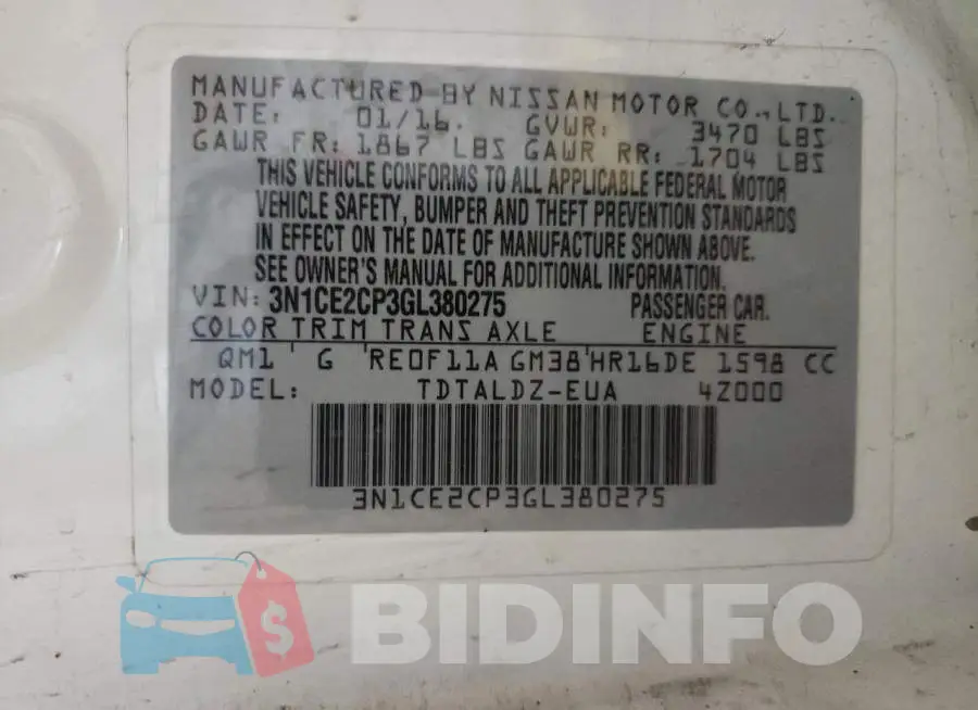 3N1CE2CP3GL380275 Photo# 12