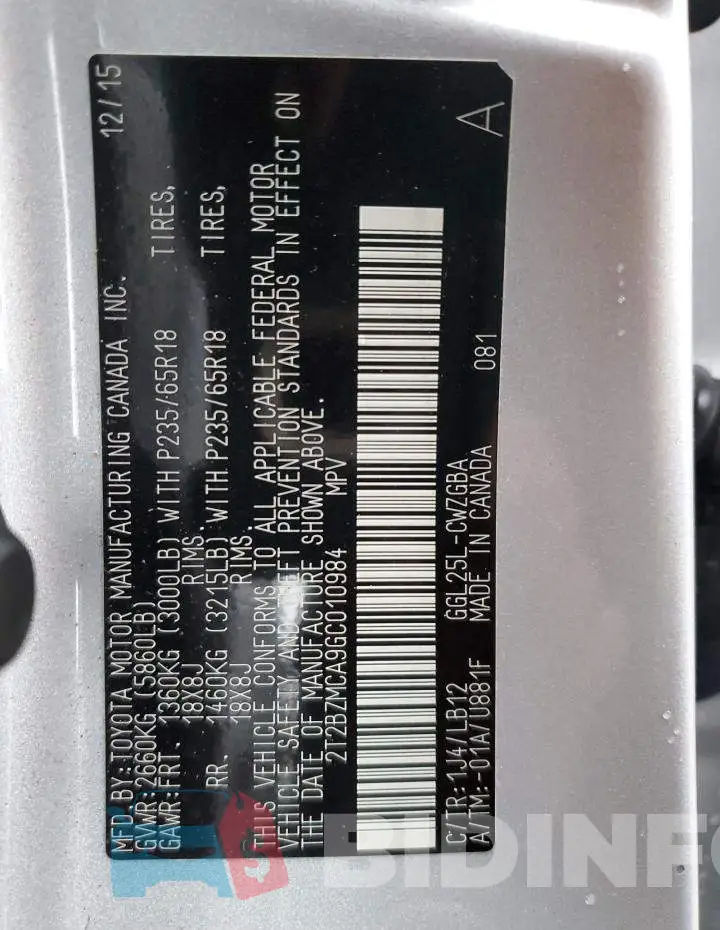 2T2BZMCA9GC010984 Photo# 13