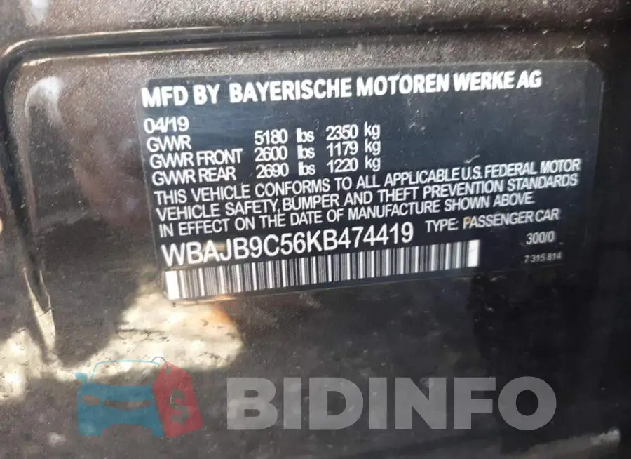WBAJB9C50KB464419 Photo# 10