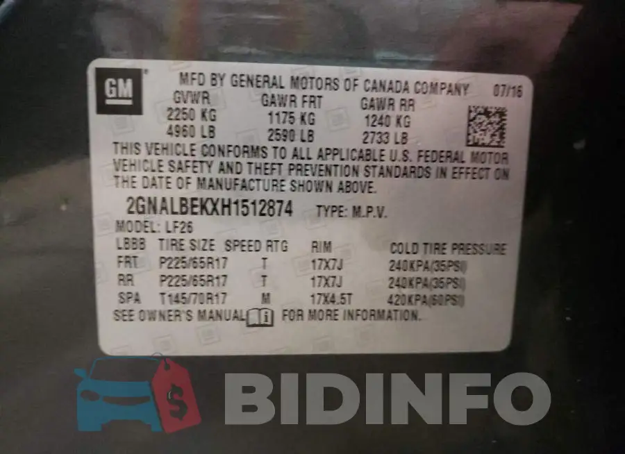 2GNALBEKXH1512874 Photo# 14