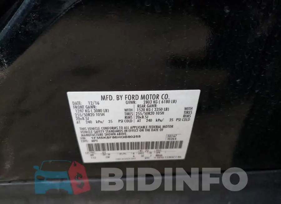 1FM5K8F86HGB80255 Photo# 14