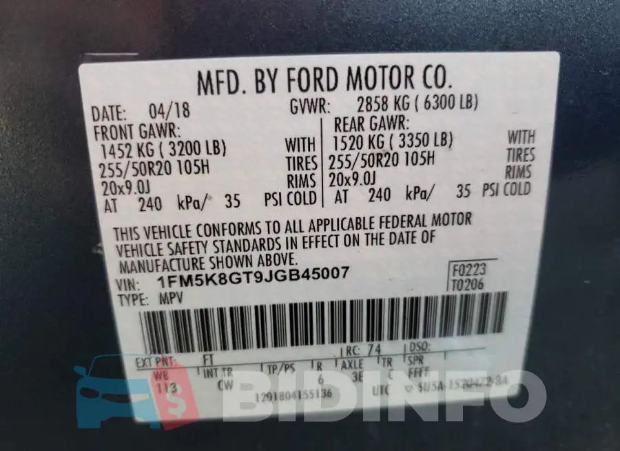 1FM5K8GT9JGB45007 Photo# 10