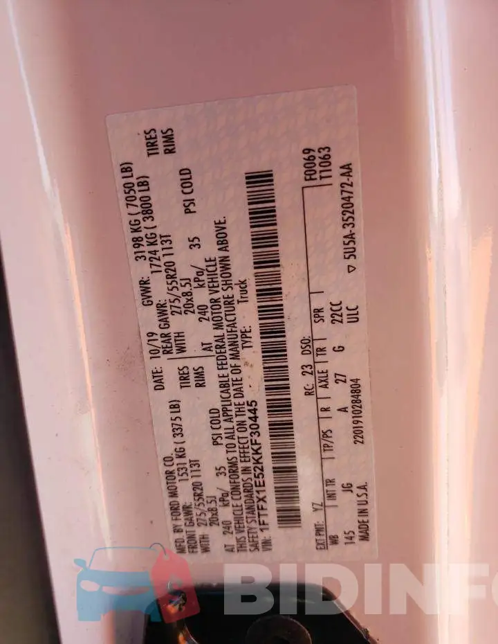 1FTFX1E52KKF30445 Photo# 12