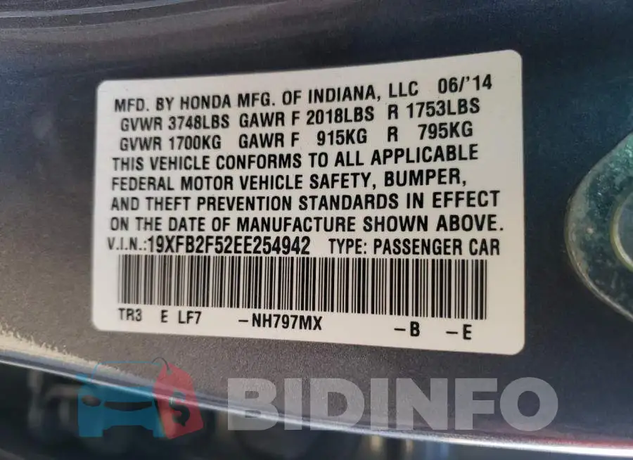 19XFB2F52EE254942 Photo# 12