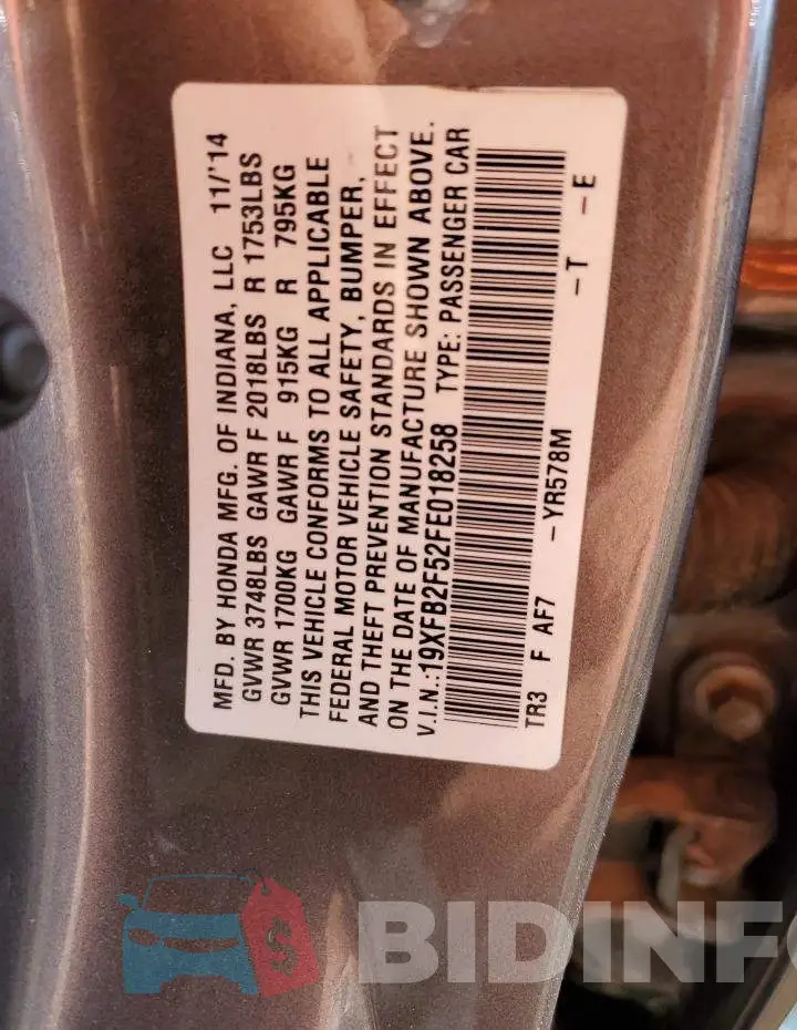 19XFB2F52FE018258 Photo# 12