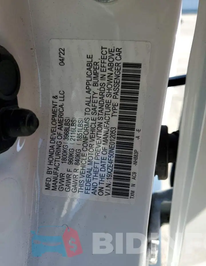 19XZE4F50NE012053 Photo# 13