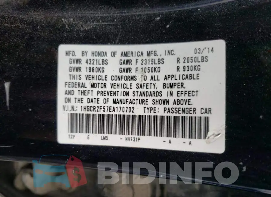 1HGCR2F57EA170702 Photo# 12