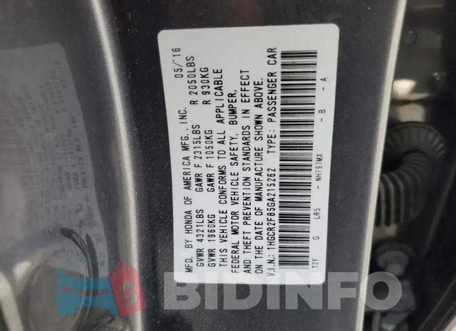 1HGCR2F85GA215262 Photo# 12
