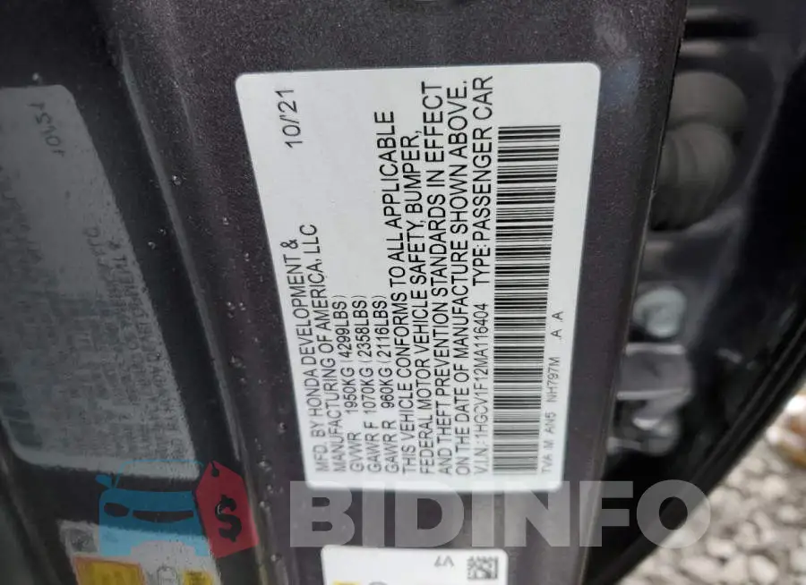 1HGCV1F12MA116404 Photo# 12