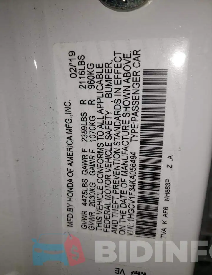 1HGCV1F34KA056494 Photo# 13