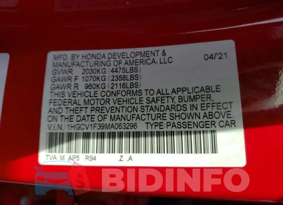 1HGCV1F39MA063296 Photo# 12