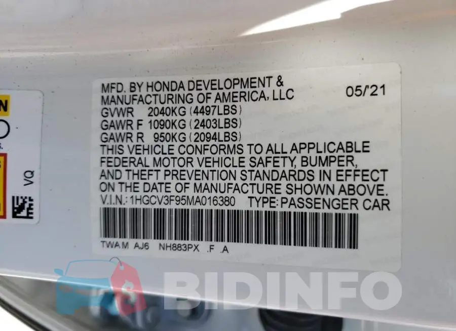 1HGCV3F95MA016380 Photo# 10